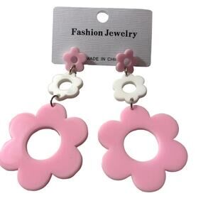 Bohemian Vintage Acrylic Triple FLower Dangle Drop Earrings Pink